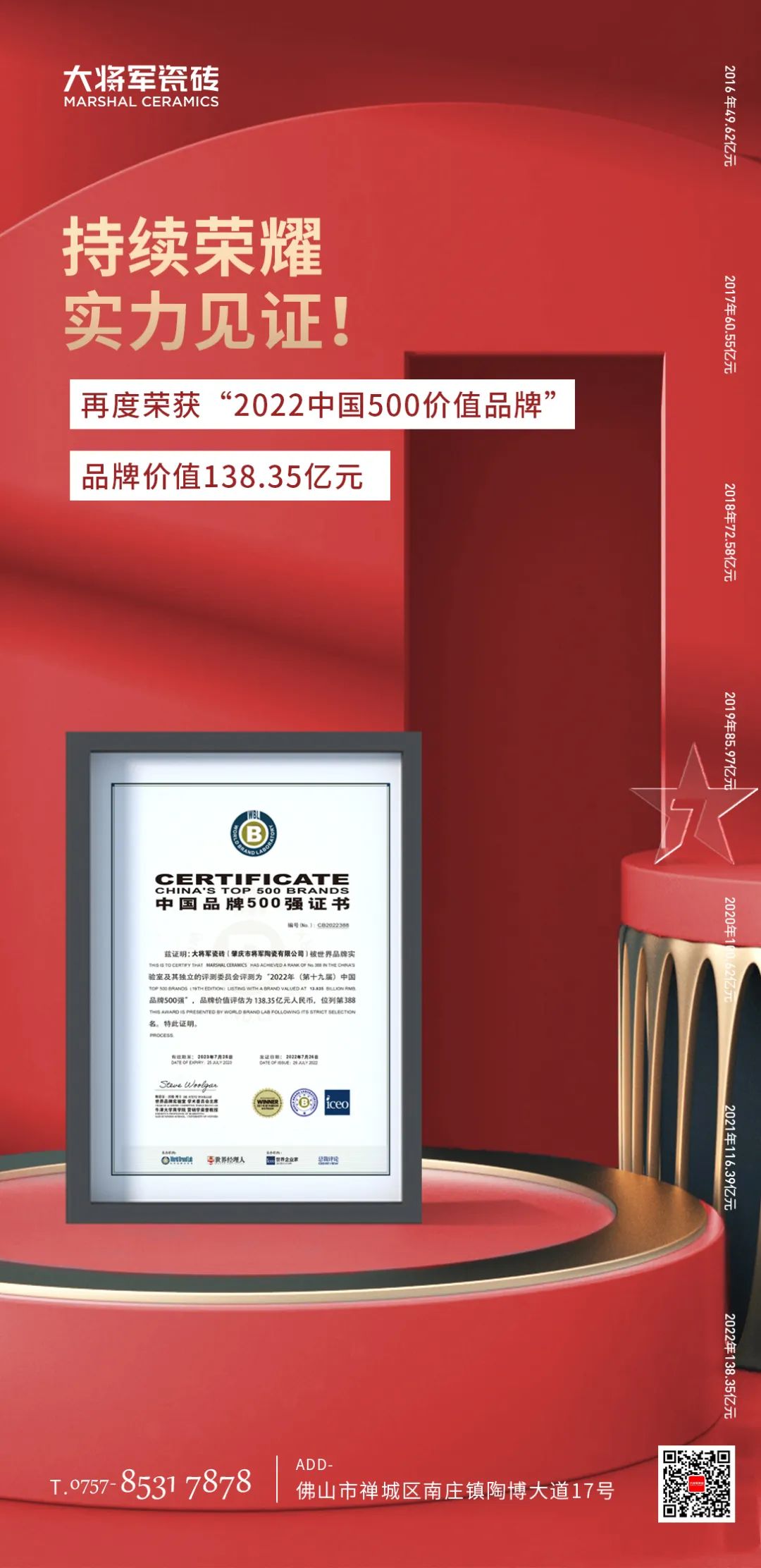 步履不停！138.35億元！大將軍瓷磚連續(xù)7年上榜中國(guó)500價(jià)值品牌！(圖3)